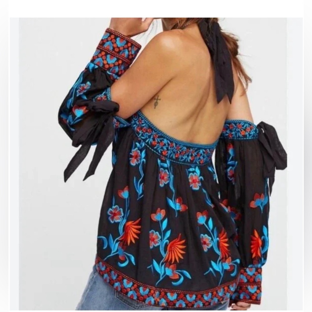 Free People Black and Red Floral Blouse